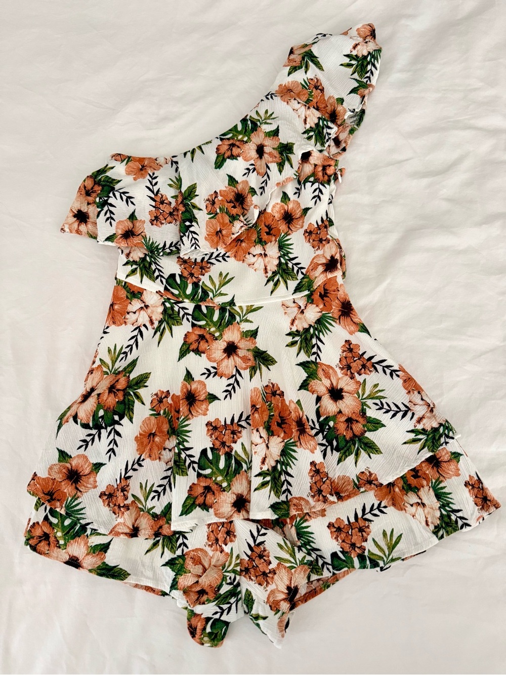 Blue Rain Floral One Shoulder Ruffle Romper Boho Tropical Botanical Size S